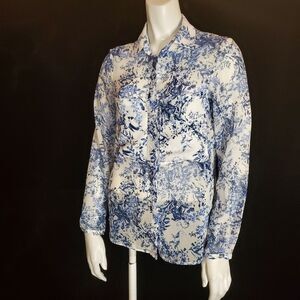 Zara Basic White & Blue Floral Sheer Button Down Shirt (XS)